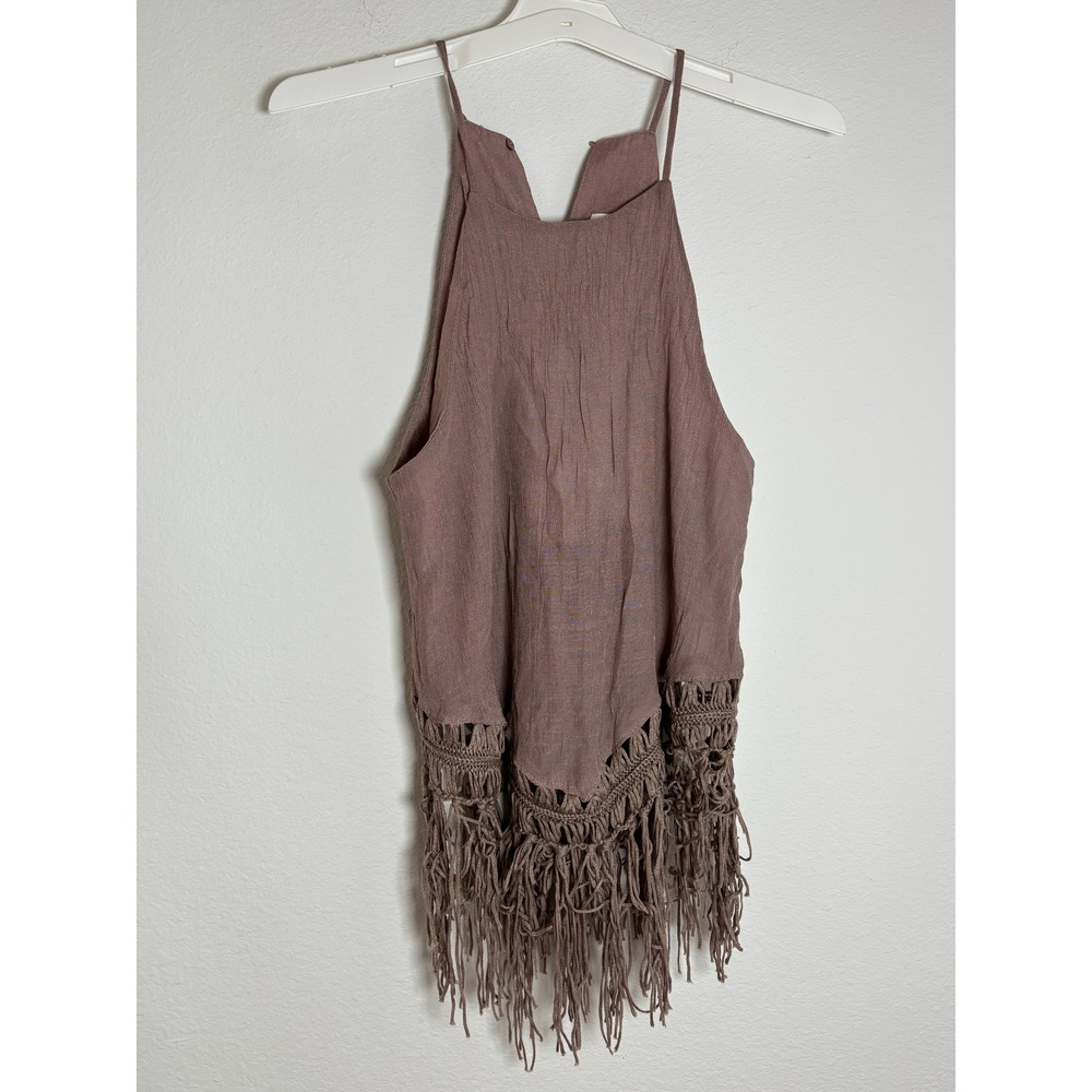 Mustard Seed Mauve Halter Neck‎ Macrame Fringe Gauze Boho Top Small